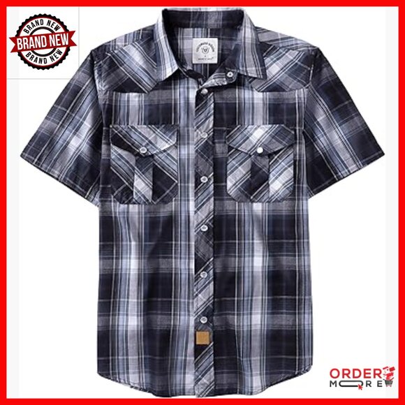 Men's Short Sleeve Plaid Snap Button Western Shirt Regular Fit